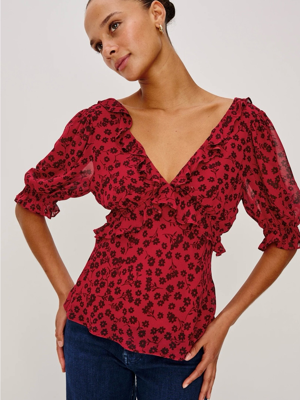 Rails Ruffle V-Neck Floral Blouse In Deep Red